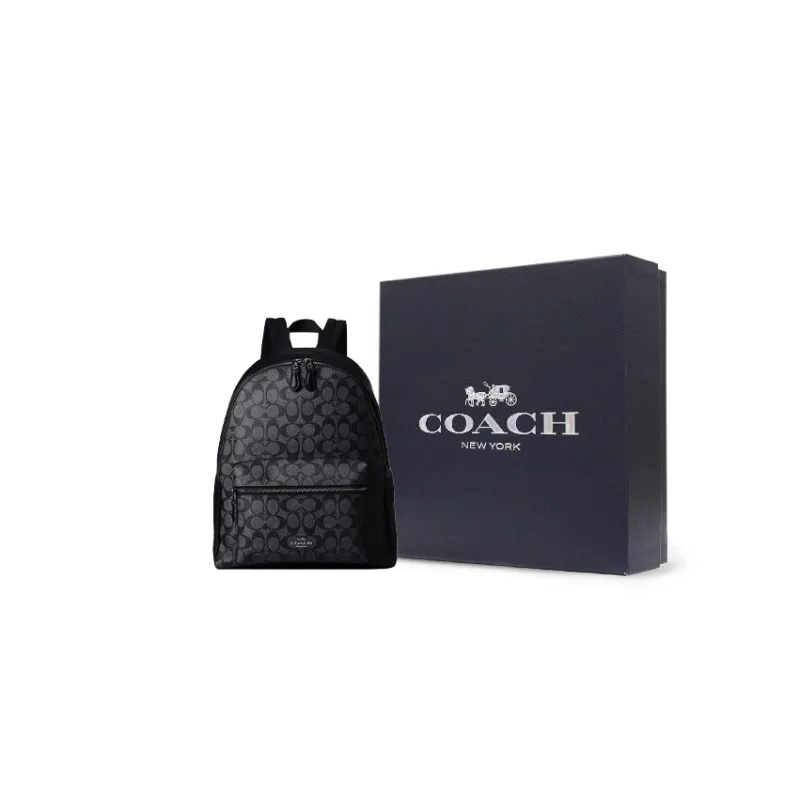 COACH Charlie Canvas With Calfskin Backpack Large Size Unisex Black-9