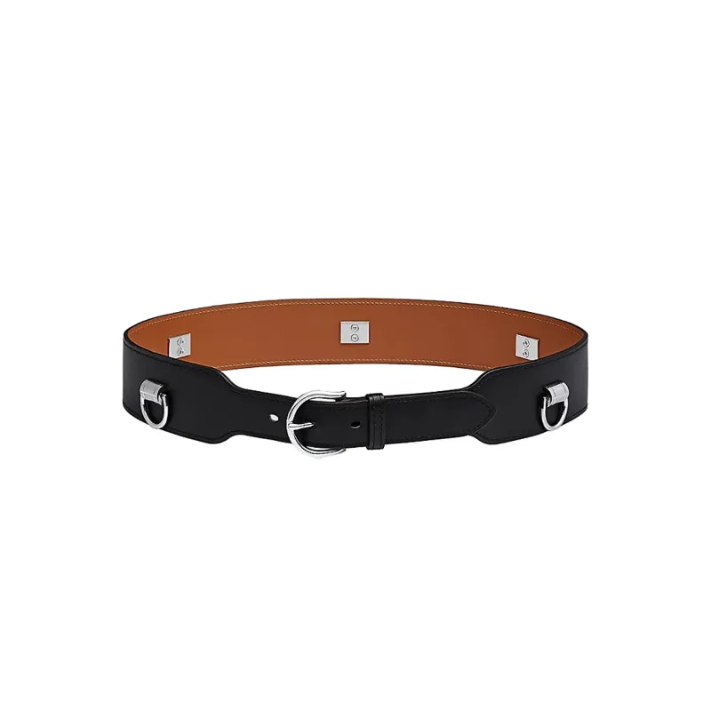 HERMES Five Round Rings Pin Buckle Leather Belts Men's Black 4.6 Cm Wide-0