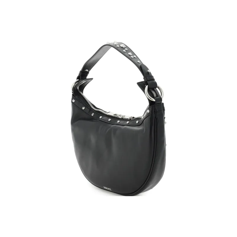 VERSACE Repeat Series Calfskin Hobo Biker Shoulder Bag Handbag Large Size Women's Black-3