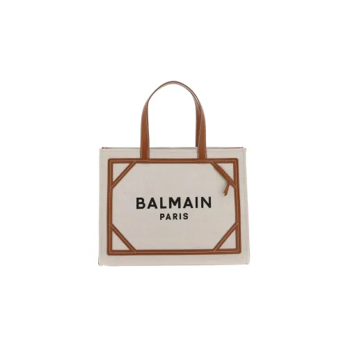 BALMAIN B ARMY Cotton With Linen Tote Bag Shopping Bag Handbag Medium Size Women's Chestnut/Brown