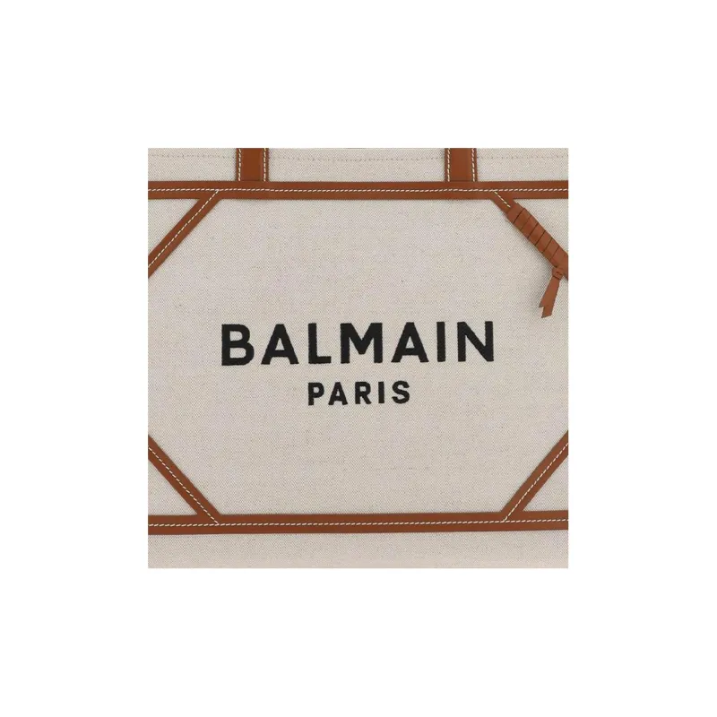 BALMAIN B ARMY Cotton With Linen Tote Bag Shopping Bag Handbag Medium Size Women's Chestnut/Brown-3