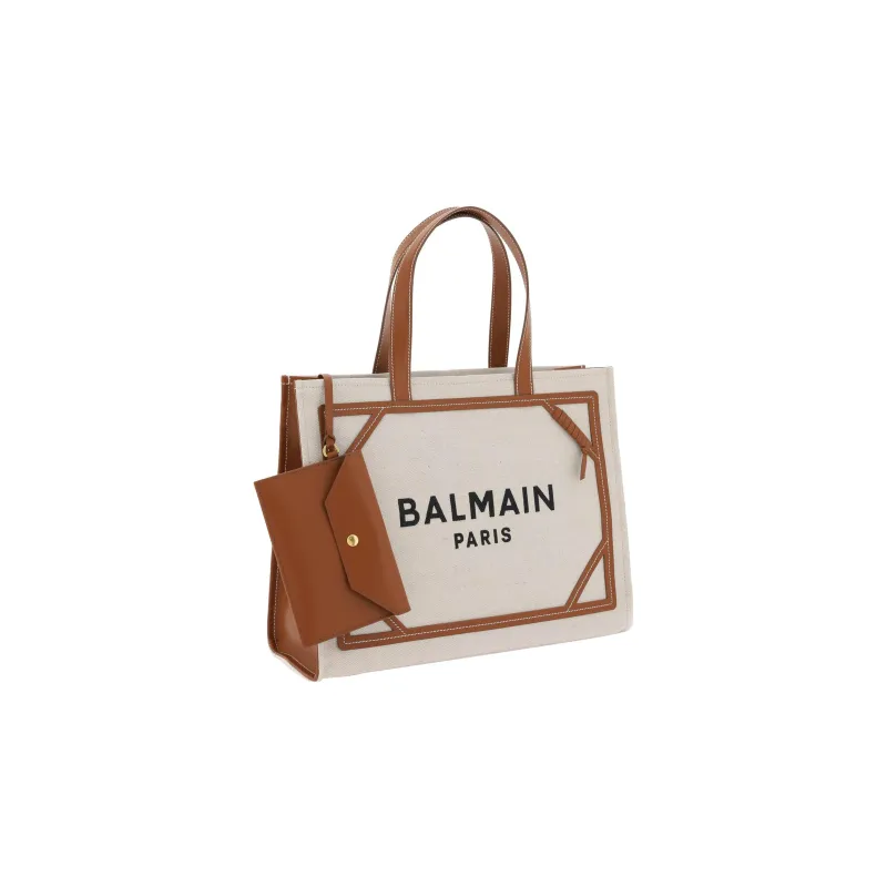 BALMAIN B ARMY Cotton With Linen Tote Bag Shopping Bag Handbag Medium Size Women's Chestnut/Brown-1