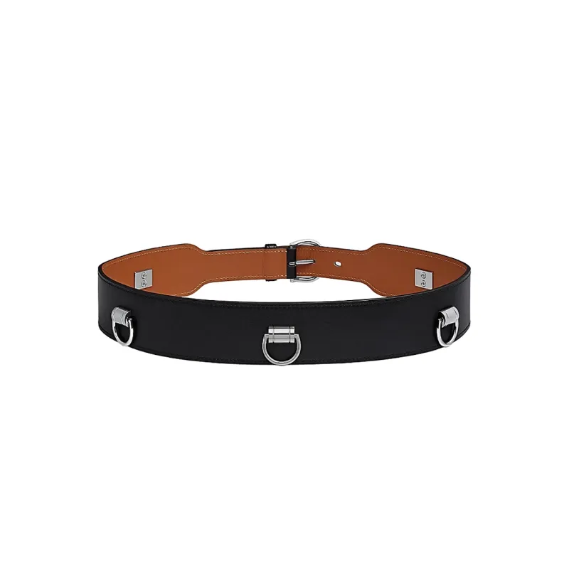 HERMES Five Round Rings Pin Buckle Leather Belts Men's Black 4.6 Cm Wide-1