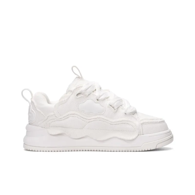 UNNAMED FORCES Cloud Puffy Shoes White Canvas Breathable Height Increase Low Top Skateboard Shoes Unisex Ecru-1