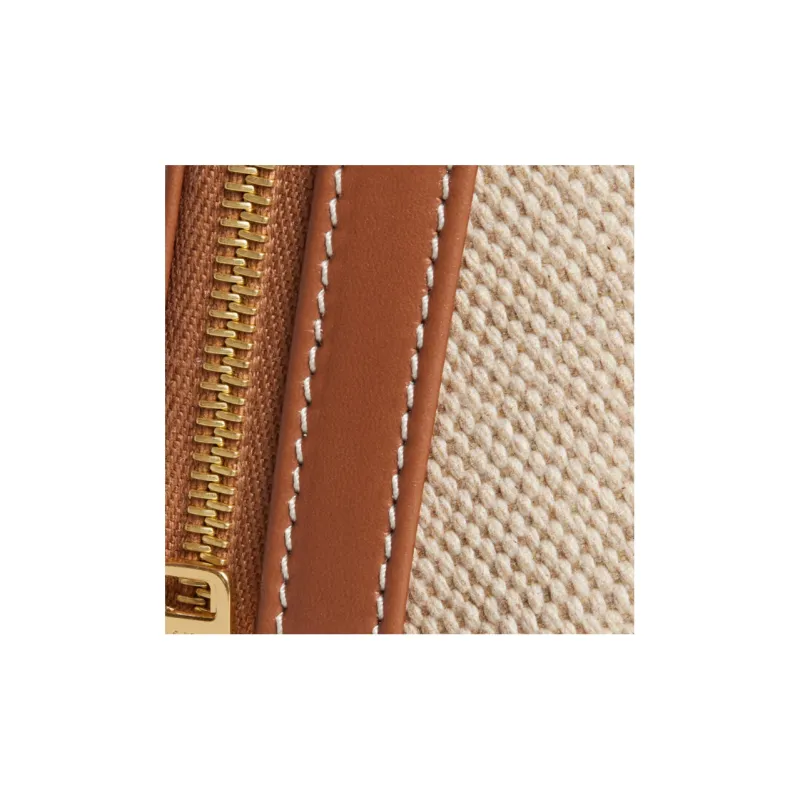 CELINE Triomphe Fabric Cow Leather Patchwork Makeup Bag Large Size Women's Natural Color/Tan-3