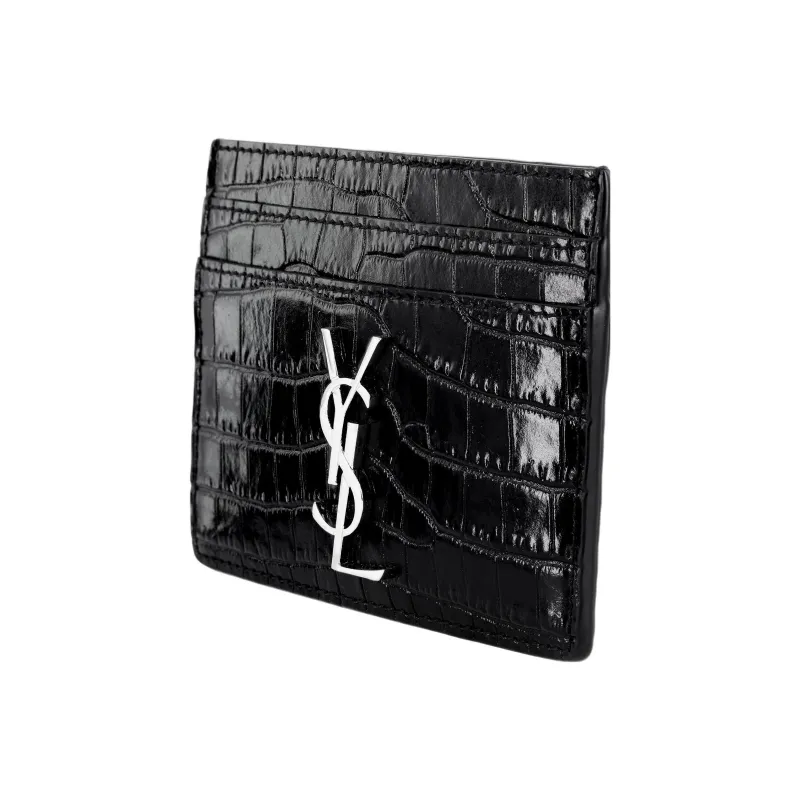 SAINT LAURENT CASSANDRE Crocodile Pattern Shiny Calfskin Card Holder Women's Black-1