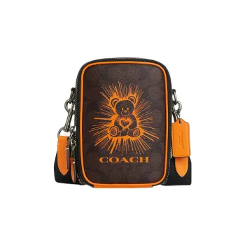 COACH Stanton Canvas With Calfskin Camera Bag, Shoulder Bag, Crossbody Bag Small Size Men's Orange & Coffee Monogram