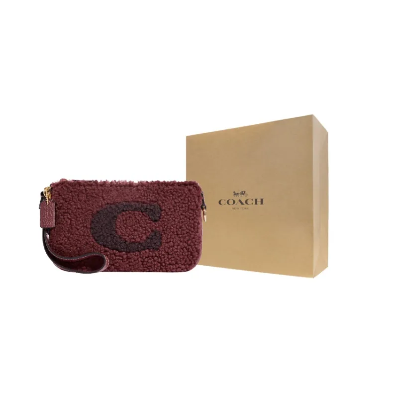 COACH Nolita Shearling With Leather Shoulder Bag Portable One Shoulder Clutch Small Size Women's Cherry Red-5