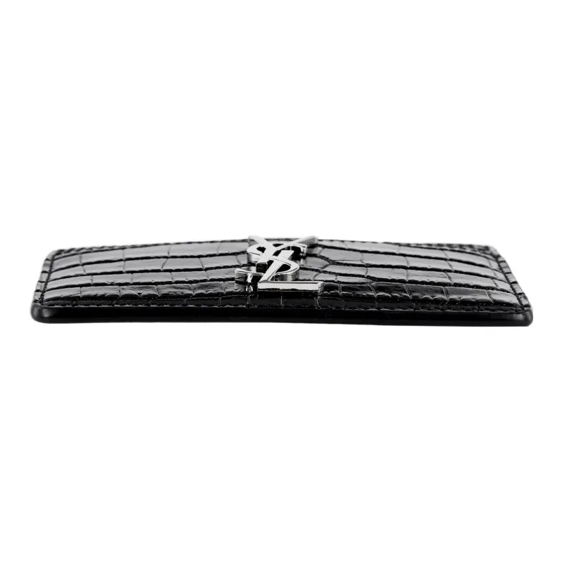 SAINT LAURENT CASSANDRE Crocodile Pattern Shiny Calfskin Card Holder Women's Black-4
