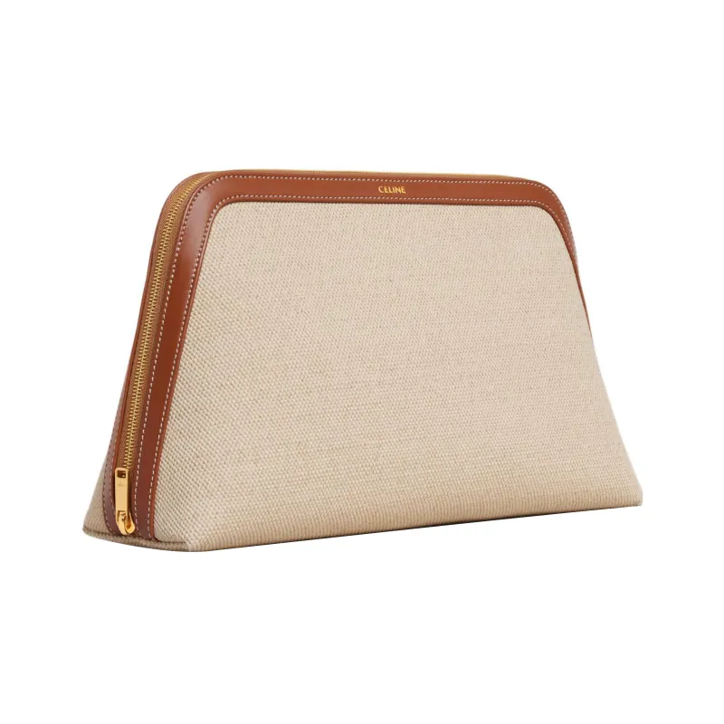 CELINE Triomphe Fabric Cow Leather Patchwork Makeup Bag Large Size Women's Natural Color/Tan-1