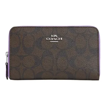 COACH Id Zip Wallet Canvas With Leather Coin Purse Clutch Wallet Medium Size Women's Coffee