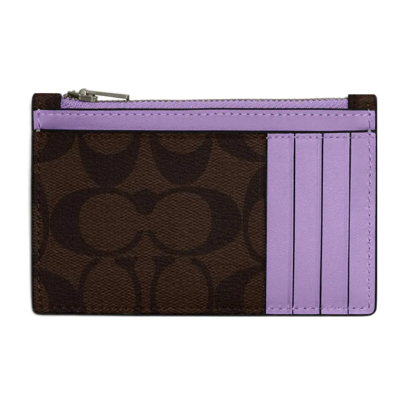COACH Card Case Canvas With Calfskin Wallets Card Holders Men's Coffee Antique Floral Pattern Purple-1