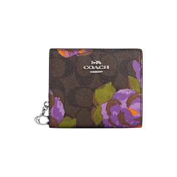 COACH Snap Wallet Canvas With Leather Coin Purses Wallets Women's Dark Brown