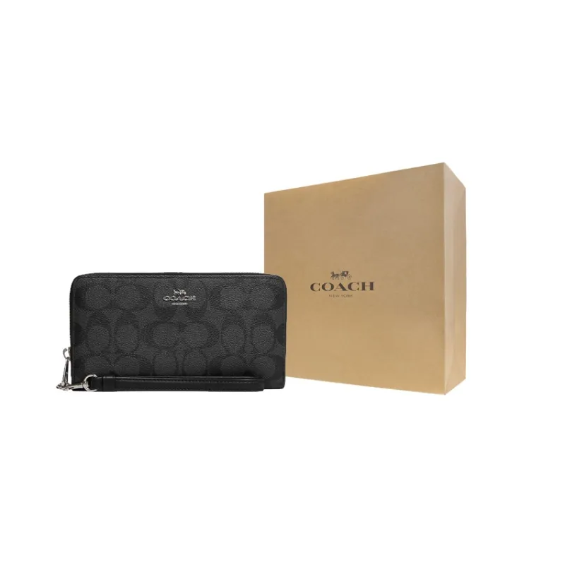 COACH Zip Around Coated Canvas With Leather Card Holder, Wallet Regular Women's Black-7