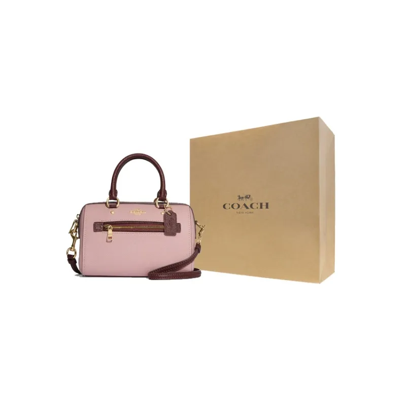 COACH Rowan Cross Stitch Leather Briefcase Shoulder Bag Crossbody Bag Handbag Mini Women's Pink & Burgundy-6