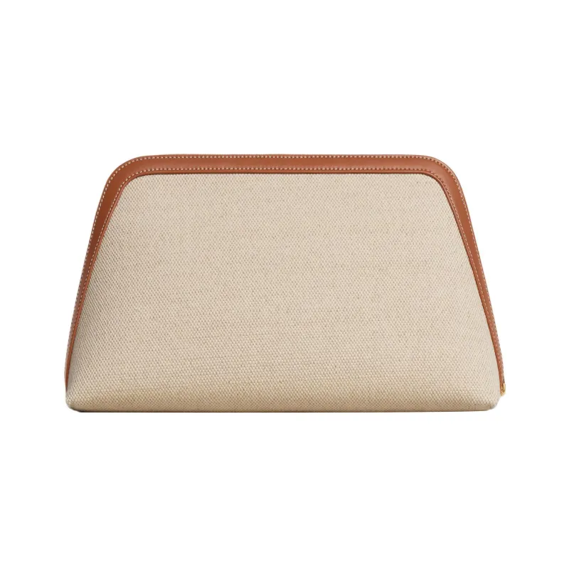CELINE Triomphe Fabric Cow Leather Patchwork Makeup Bag Large Size Women's Natural Color/Tan-2