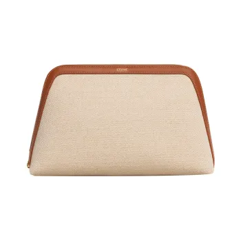CELINE Triomphe Fabric Cow Leather Patchwork Makeup Bag Large Size Women's Natural Color/Tan