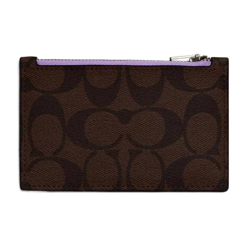 COACH Card Case Canvas With Calfskin Wallets Card Holders Men's Coffee Antique Floral Pattern Purple-0