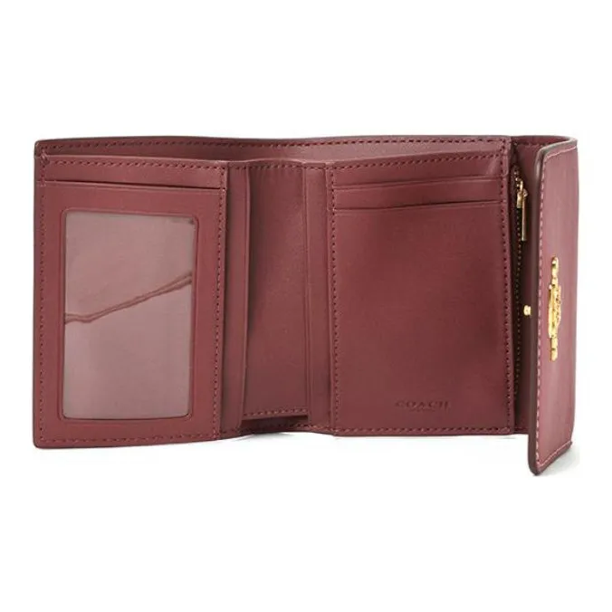 COACH Trifold Wallet Canvas With Leather Card Holder Wallet Small Size Women's Brown & Pink-2