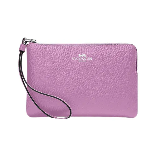 COACH Corner Zip Cross Grain Leather Wrist Bag Clutch Small Size Women's Purple