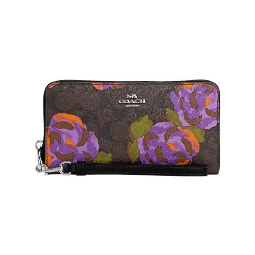 COACH Zip Around Canvas With Leather Clutch Coin Purse Wallet Small Size Women's Dark Brown
