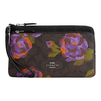 COACH Double Zip Wallet Canvas With Pebbled Leather Coin Purses Wallets Small Size Women's Coffee