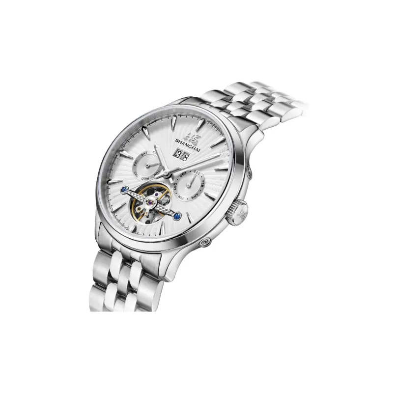 SHANGHAI National Collection Automatic Mechanical Movement Steel Strap Watch Men's Watches White Dial 22RE 610 2L27-1