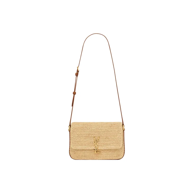 SAINT LAURENT SOLFERINO Raffia Fiber Braided Tanned Leather Crossbody Bag Shoulder Bag Medium Size Women's Light Brown-1