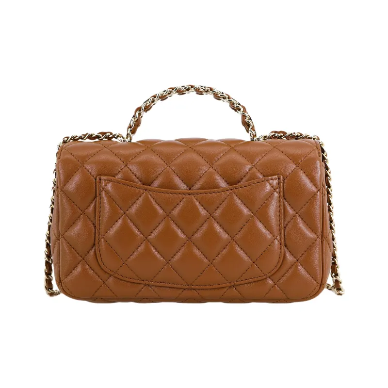 CHANEL Lambskin Chain Bag, Shoulder Bag, Crossbody Bag Mini Women's Brown-2