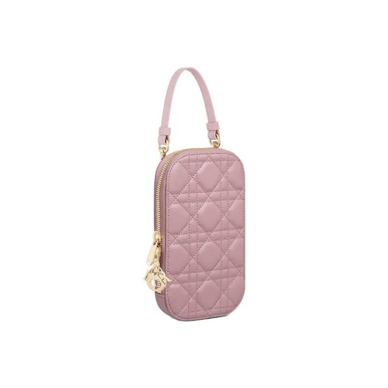 DIOR Lady Dior Sheepskin Portable One Shoulder Crossbody Cell Phone Pouch Women's Dark Pink-2