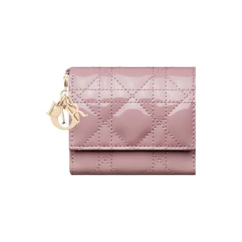 DIOR Lady Dior Patent Leather Calfskin Wallet Women's Dark Pink