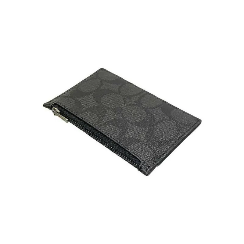 COACH Monogram Canvas With Leather Zip Card Holder Coin Purse Unisex Charcoal Black Monogram-9