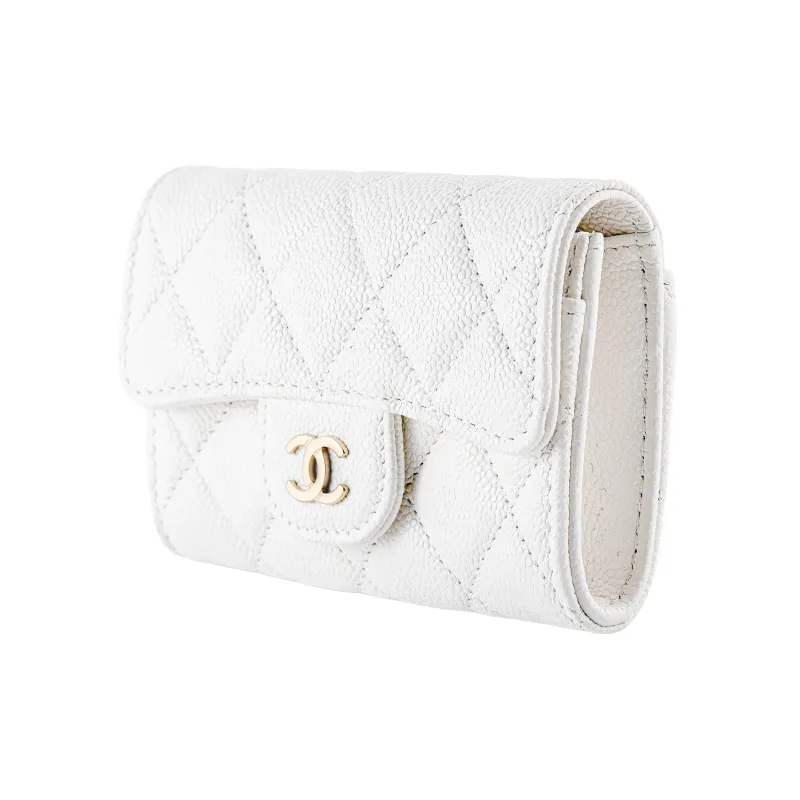 CHANEL Litchi Grain Calfskin Wallet, Coin Purse, Card Holder Trumpets Women's White-1