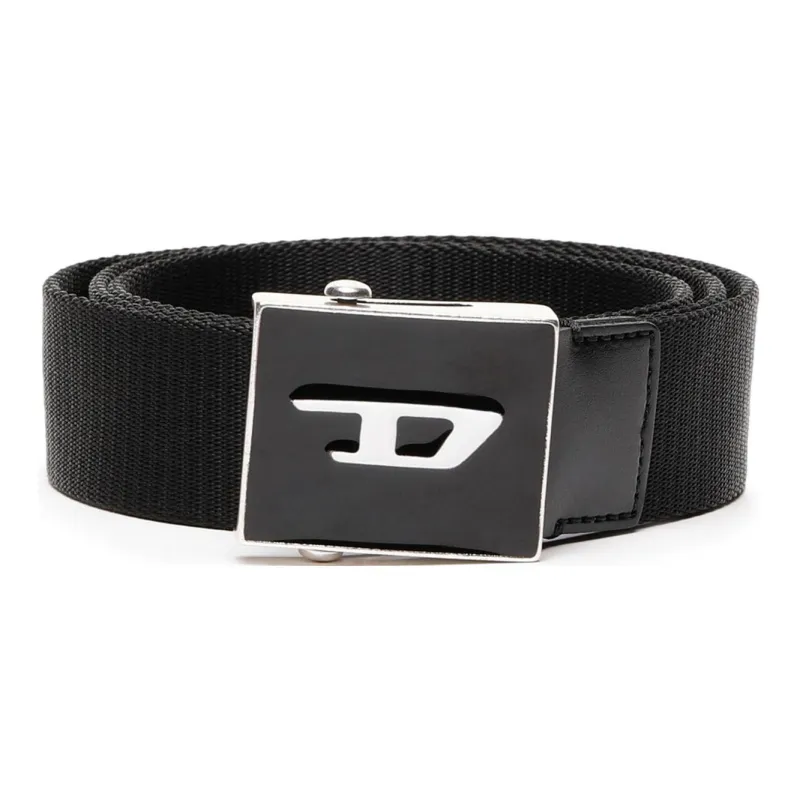 DIESEL Logo Plaque Smooth Buckle Calfskin Leather Belts Men's Black-0