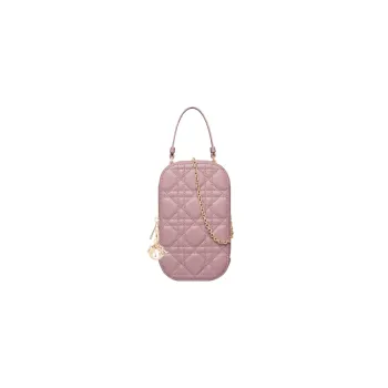 DIOR Lady Dior Sheepskin Portable One Shoulder Crossbody Cell Phone Pouch Women's Dark Pink
