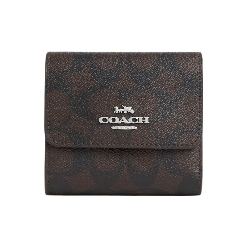 COACH Trifold Wallet Coated Canvas Coin Purses Wallets Women's Brown Black-0