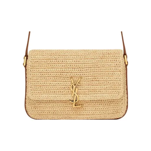 SAINT LAURENT SOLFERINO Raffia Fiber Braided Tanned Leather Crossbody Bag Shoulder Bag Medium Size Women's Light Brown