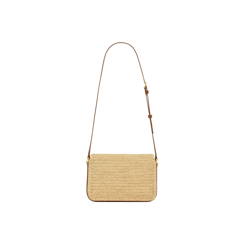 SAINT LAURENT SOLFERINO Raffia Fiber Braided Tanned Leather Crossbody Bag Shoulder Bag Medium Size Women's Light Brown-4