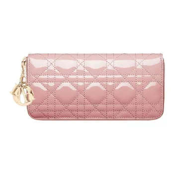 DIOR Lady Dior Patent Leather Calfskin Wallet Women's Light Pink