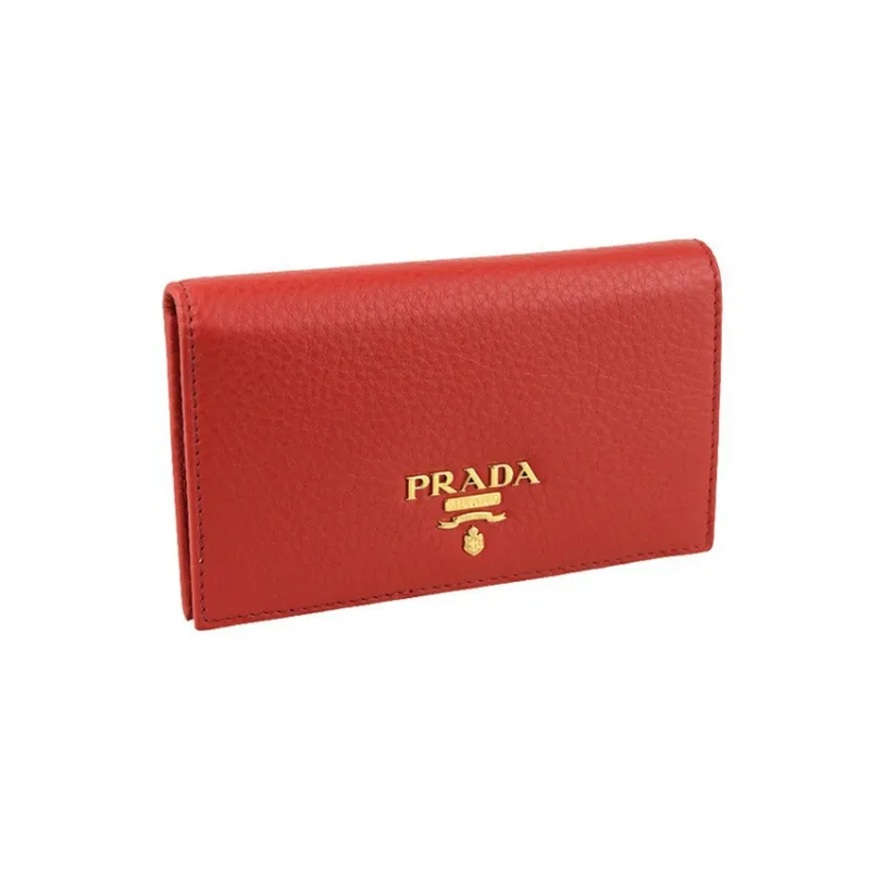 PRADA Leather Card Holder Wallet Women's Red-1