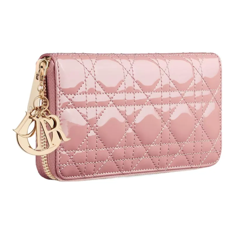DIOR Lady Dior Patent Leather Calfskin Wallet Women's Light Pink-1