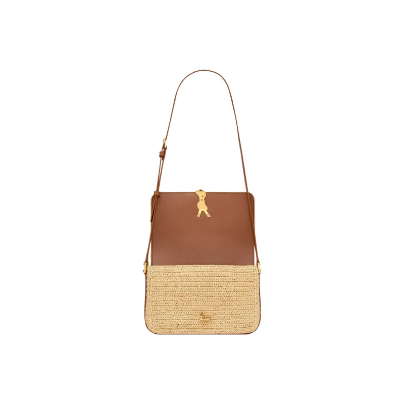 SAINT LAURENT SOLFERINO Raffia Fiber Braided Tanned Leather Crossbody Bag Shoulder Bag Medium Size Women's Light Brown-5