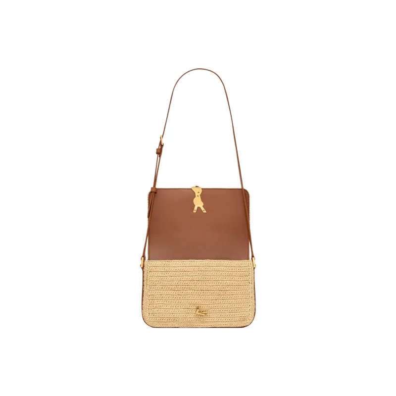 SAINT LAURENT SOLFERINO Raffia Fiber Braided Tanned Leather Crossbody Bag Shoulder Bag Medium Size Women's Light Brown-6