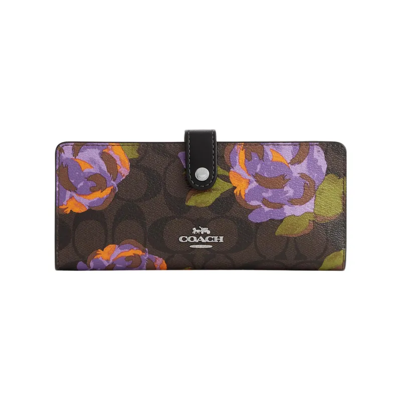 COACH Slim Wallet Canvas With Leather Clutches Wallets Small Size Women's 1Brown & Purple Pattern-0