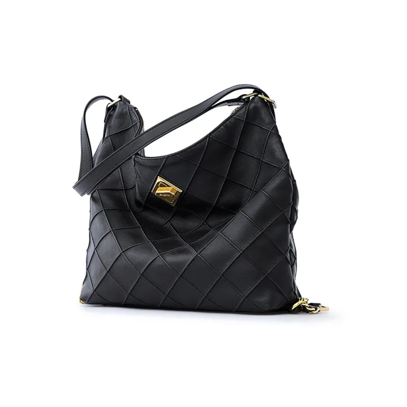 FION Top Grain Cow Leather Tote Backpack, Crossbody Bag, Shoulder Bag Medium Size Women's Classic Black-1