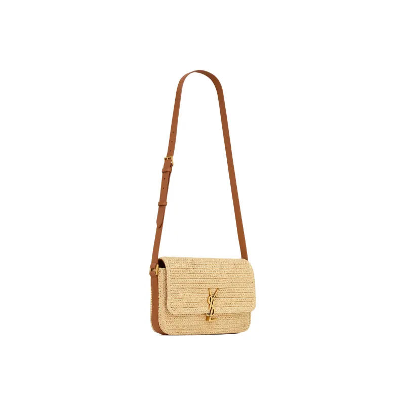 SAINT LAURENT SOLFERINO Raffia Fiber Braided Tanned Leather Crossbody Bag Shoulder Bag Medium Size Women's Light Brown-2