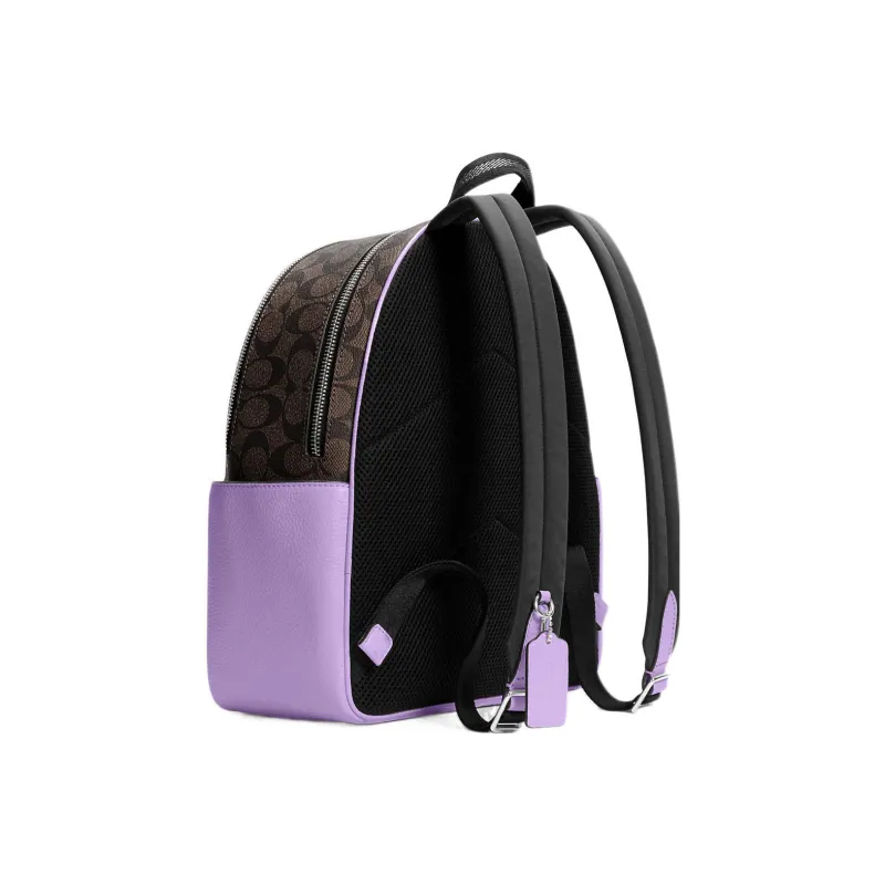 COACH Court Canvas With Leather Backpack Medium Size Women's Purple & Coffee-2