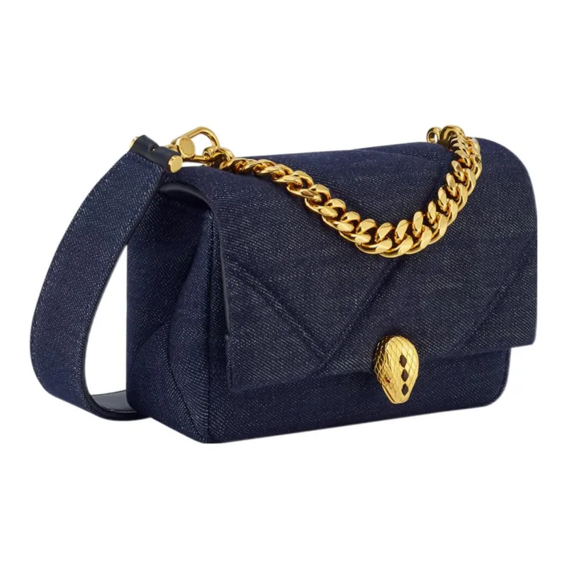 BVLGARI Serpenti Cabochon Denim Handbag Shoulder Bag Crossbody Bag Mini Women's Dark Blue-1
