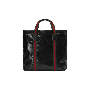 GUCCI Crystal Canvas Leather Binding Canvas Bag Tote Bag Shopping Bag Handbag Medium Size Men's Black