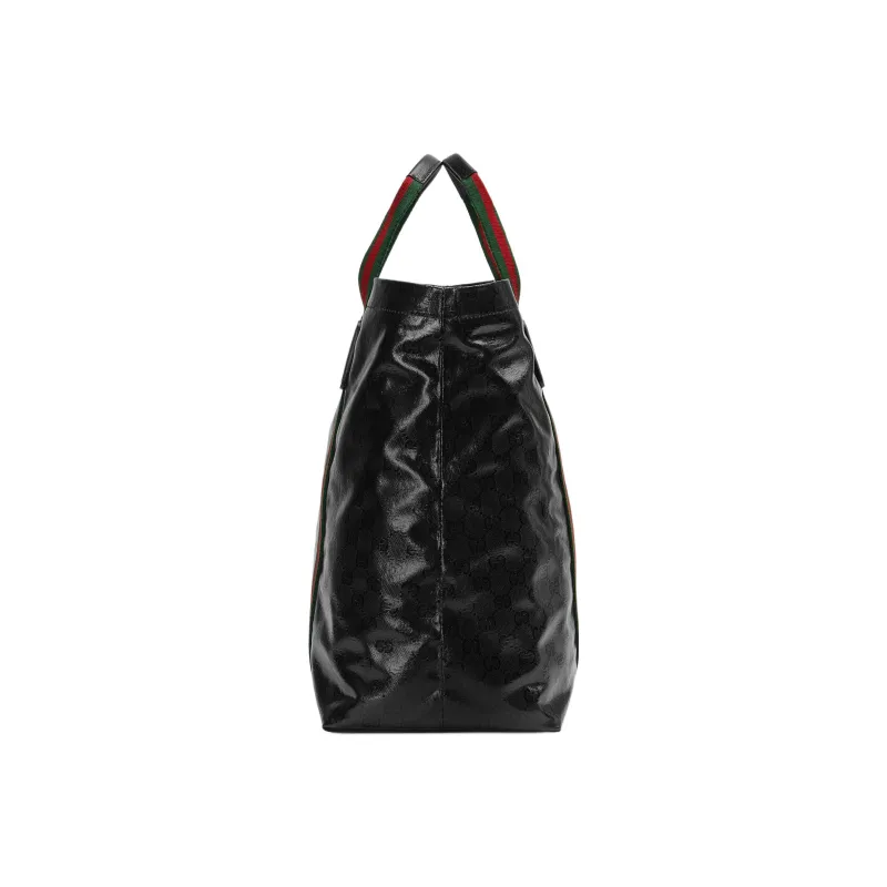 GUCCI Crystal Canvas Leather Binding Canvas Bag Tote Bag Shopping Bag Handbag Medium Size Men's Black-3